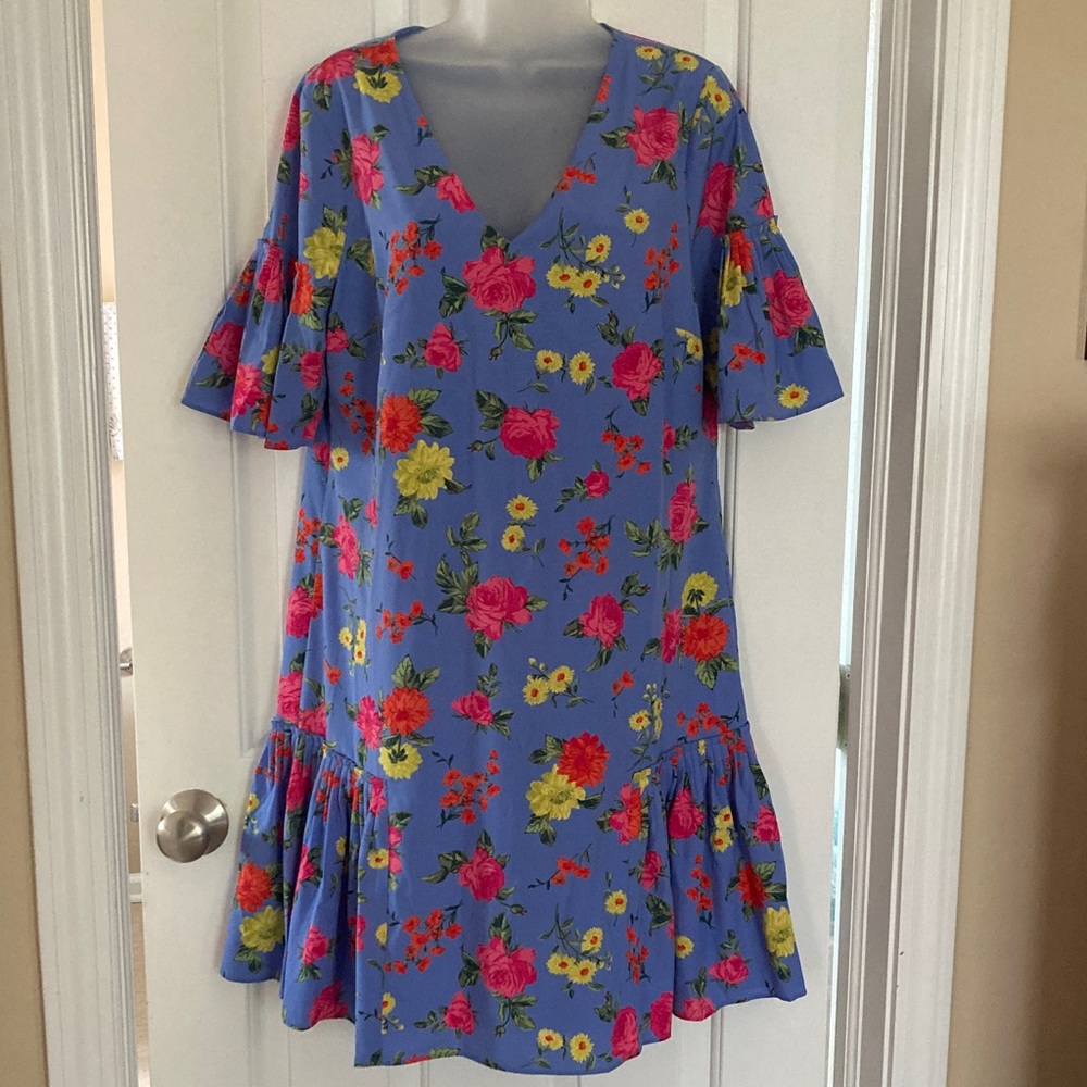 Ann Taylor Periwinkle Floral V-Neck Midi Dress with Ruffle Details